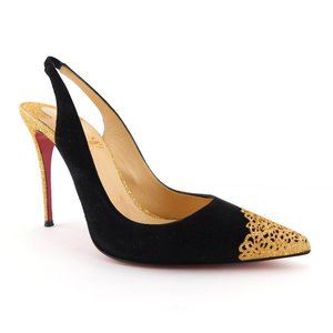 CHRISTIAN LOUBOUTIN Black Suede & Gold Glitter Sling Pumps 36.5